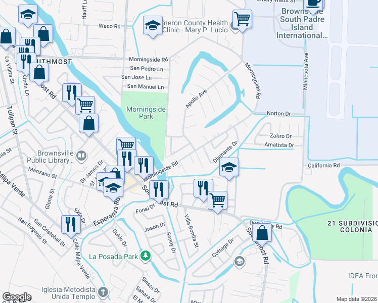 map of restaurants, bars, coffee shops, grocery stores, and more near 4723 Morningside Rd in Brownsville