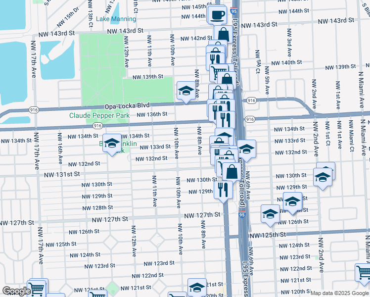 map of restaurants, bars, coffee shops, grocery stores, and more near 830 Northwest 133rd Street in North Miami