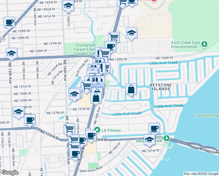 map of restaurants, bars, coffee shops, grocery stores, and more near 1805 Ixora Road in North Miami