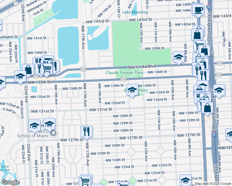 map of restaurants, bars, coffee shops, grocery stores, and more near 1370 Northwest 133rd Street in Miami