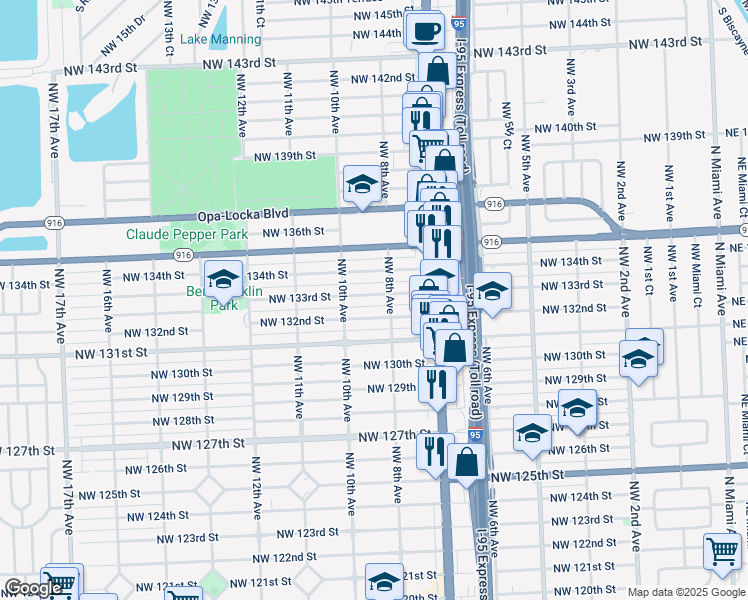 map of restaurants, bars, coffee shops, grocery stores, and more near 830 Northwest 133rd Street in North Miami