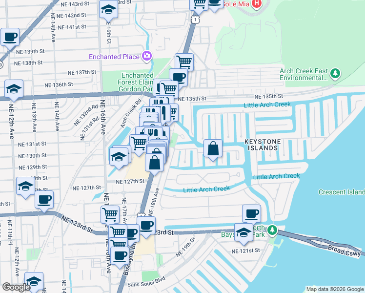 map of restaurants, bars, coffee shops, grocery stores, and more near 1805 Ixora Road in North Miami