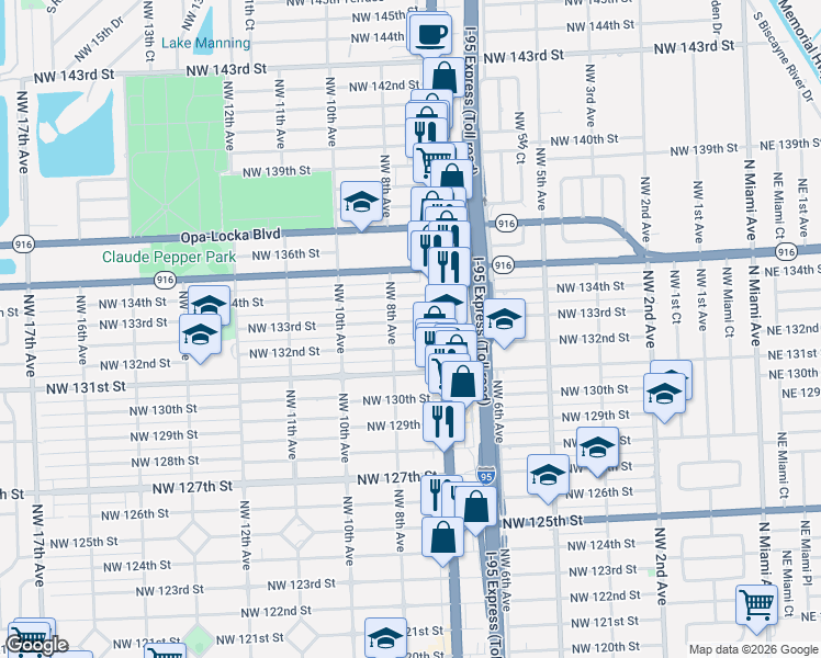 map of restaurants, bars, coffee shops, grocery stores, and more near 750 Northwest 133rd Street in North Miami