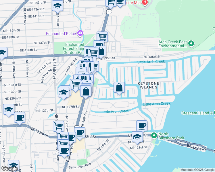 map of restaurants, bars, coffee shops, grocery stores, and more near 1975 Ixora Road in North Miami