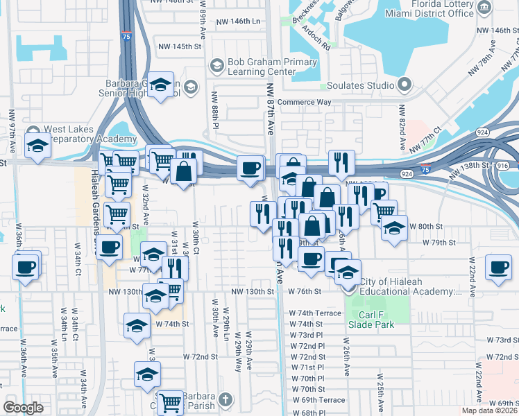 map of restaurants, bars, coffee shops, grocery stores, and more near 104 West 28th Court in Hialeah