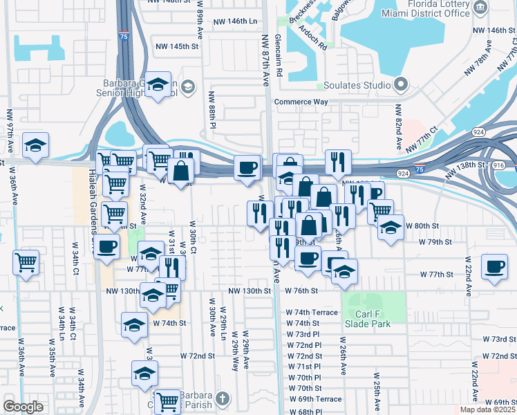 map of restaurants, bars, coffee shops, grocery stores, and more near 104 West 28th Court in Hialeah