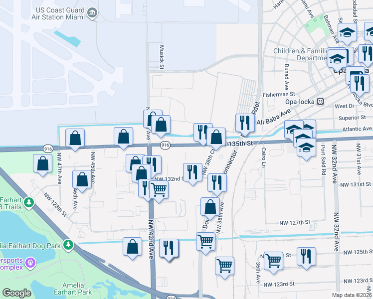 map of restaurants, bars, coffee shops, grocery stores, and more near 4050 Northwest 135th Street in Opa-locka