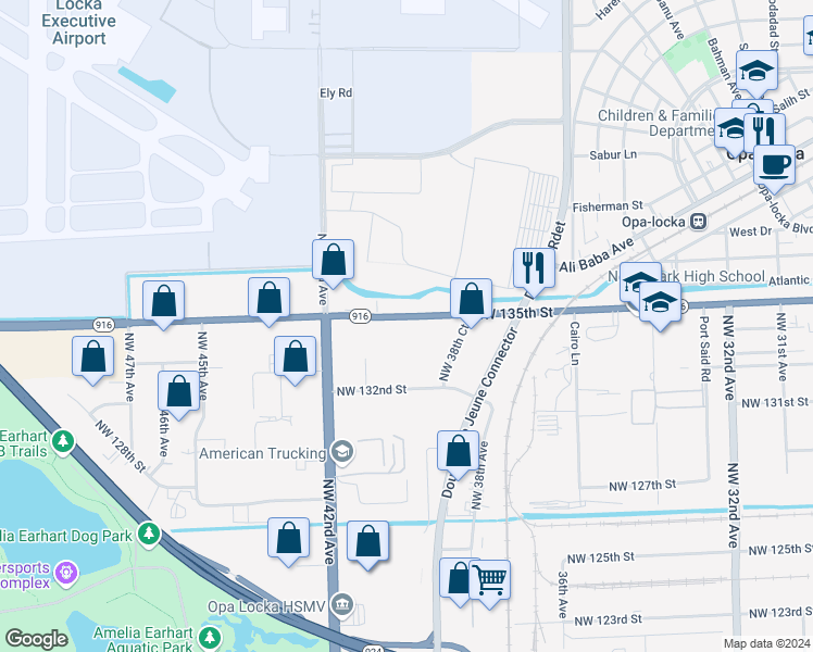 map of restaurants, bars, coffee shops, grocery stores, and more near 4050 Northwest 135th Street in Opa-locka