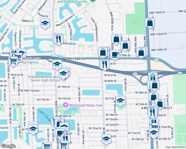 map of restaurants, bars, coffee shops, grocery stores, and more near 835 West 80th Place in Hialeah