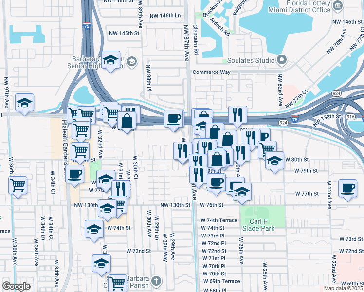 map of restaurants, bars, coffee shops, grocery stores, and more near 104 West 28th Court in Hialeah