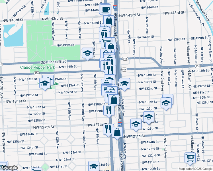 map of restaurants, bars, coffee shops, grocery stores, and more near 13229 Northwest 7th Avenue in North Miami