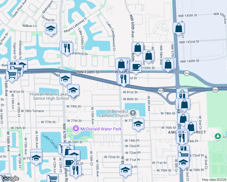 map of restaurants, bars, coffee shops, grocery stores, and more near 850 West 81st Place in Hialeah