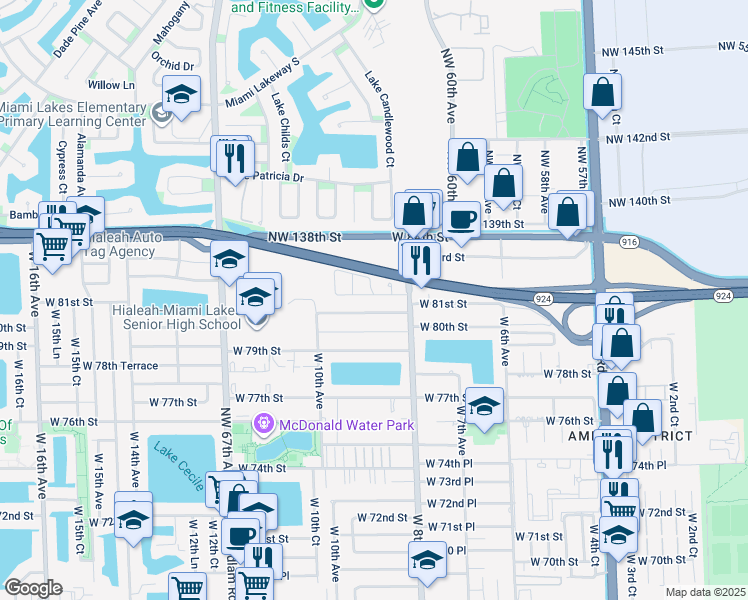 map of restaurants, bars, coffee shops, grocery stores, and more near 835 West 80th Place in Hialeah