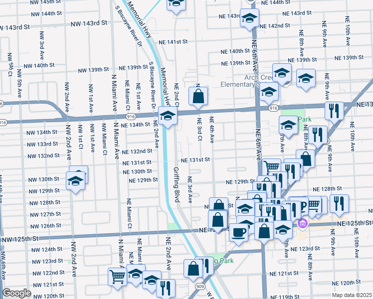 map of restaurants, bars, coffee shops, grocery stores, and more near 13126 Northeast 3rd Avenue in North Miami