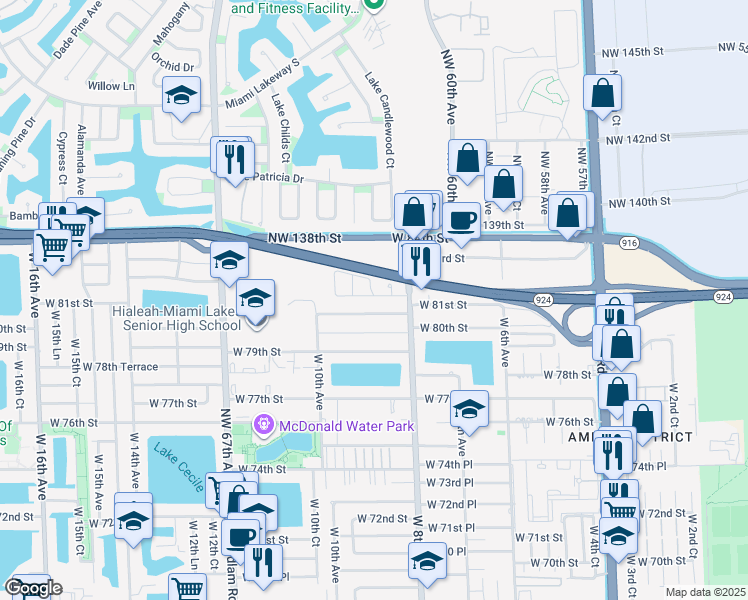 map of restaurants, bars, coffee shops, grocery stores, and more near 835 West 80th Place in Hialeah