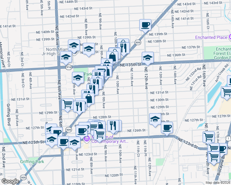 map of restaurants, bars, coffee shops, grocery stores, and more near 950 Northeast 131st Street in North Miami