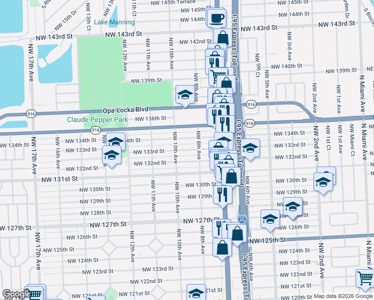map of restaurants, bars, coffee shops, grocery stores, and more near 830 Northwest 133rd Street in North Miami