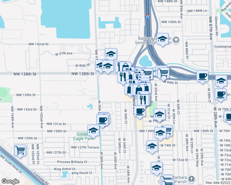 map of restaurants, bars, coffee shops, grocery stores, and more near 3460 West 84th Street in Hialeah