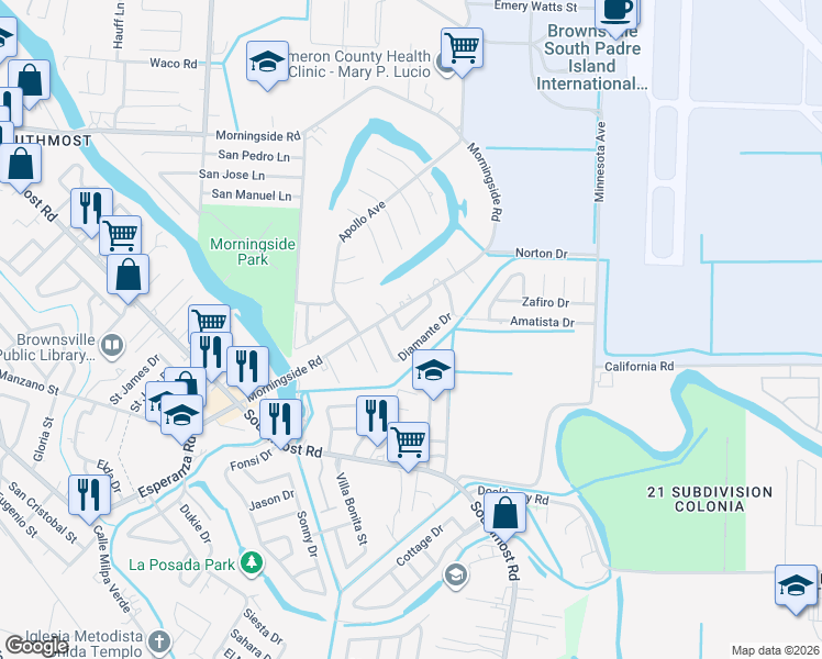 map of restaurants, bars, coffee shops, grocery stores, and more near 1914 Diamante Drive in Brownsville