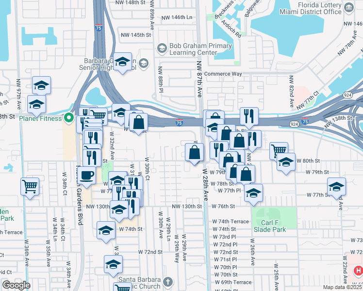 map of restaurants, bars, coffee shops, grocery stores, and more near 104 West 28th Court in Hialeah