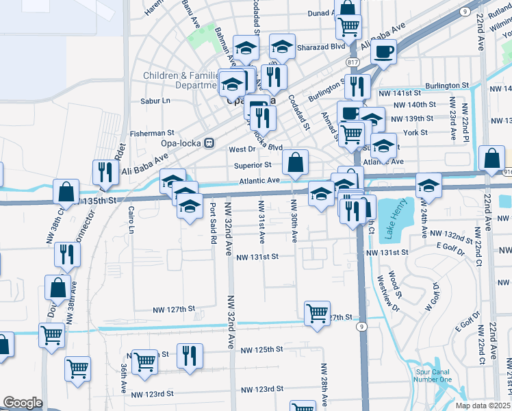 map of restaurants, bars, coffee shops, grocery stores, and more near 3111 Northwest 134th Street in Opa-locka