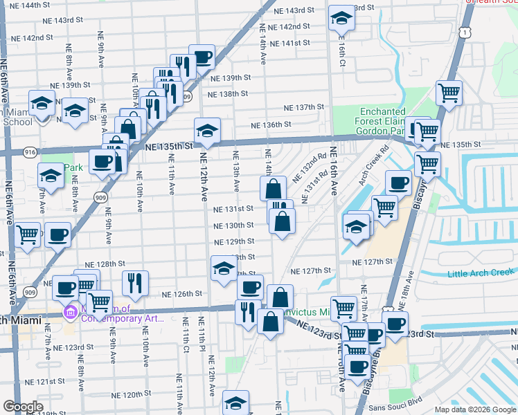 map of restaurants, bars, coffee shops, grocery stores, and more near 1320 Northeast 131st Street in North Miami