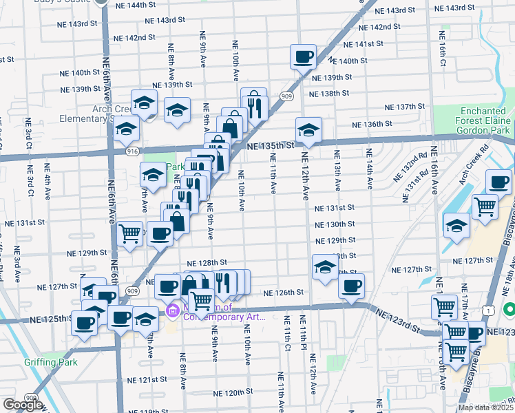 map of restaurants, bars, coffee shops, grocery stores, and more near 1030 Northeast 131st Street in North Miami
