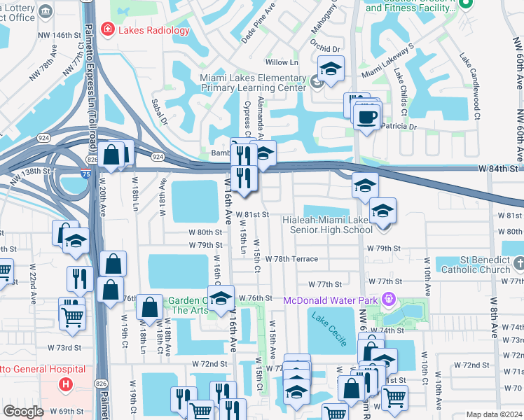 map of restaurants, bars, coffee shops, grocery stores, and more near 8098 West 15th Court in Hialeah