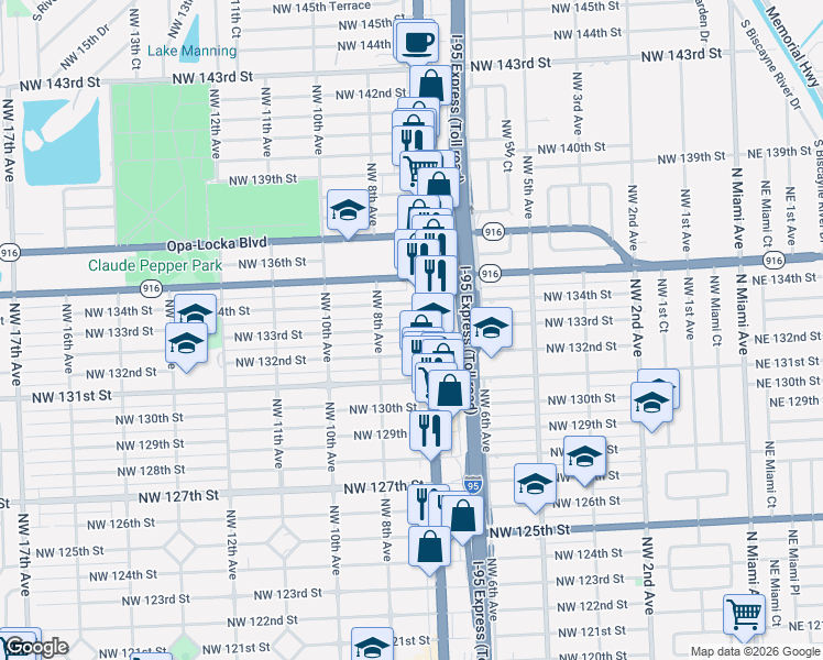 map of restaurants, bars, coffee shops, grocery stores, and more near 750 Northwest 133rd Street in North Miami