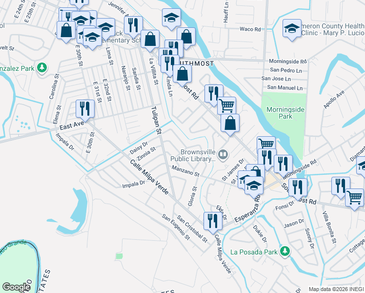 map of restaurants, bars, coffee shops, grocery stores, and more near 27 Coma Street in Brownsville
