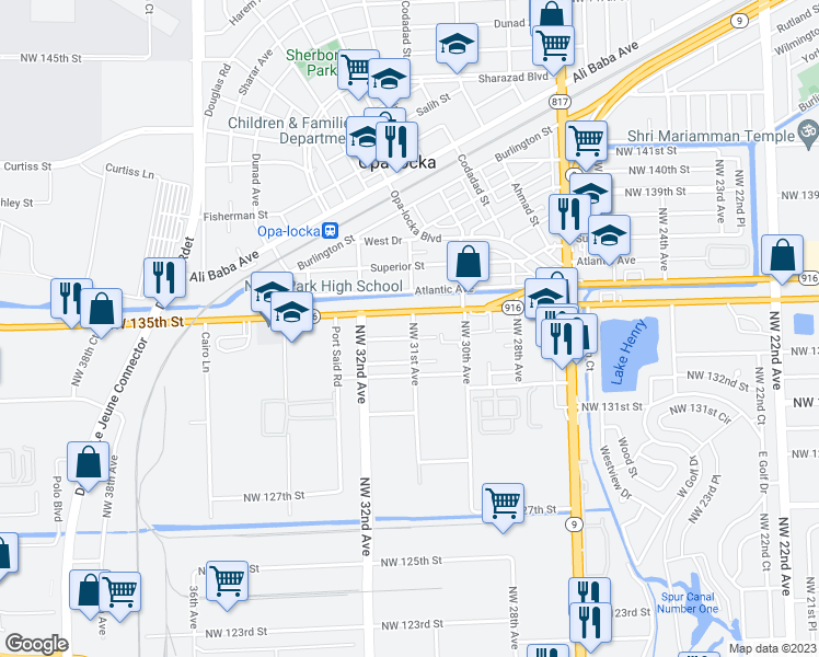 map of restaurants, bars, coffee shops, grocery stores, and more near 3101 Northwest 134th Street in Opa-locka