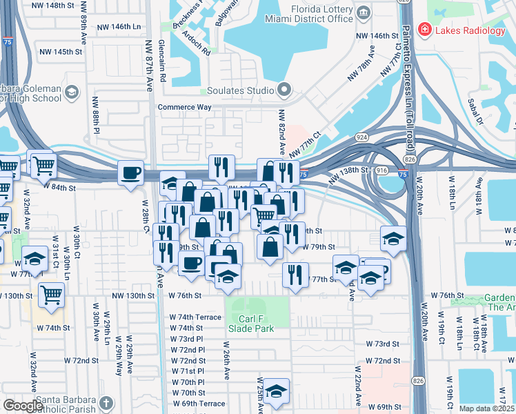 map of restaurants, bars, coffee shops, grocery stores, and more near 2485 West 81st Street in Hialeah