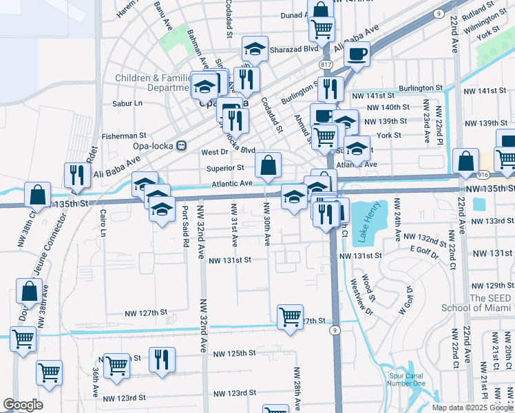 map of restaurants, bars, coffee shops, grocery stores, and more near 13388 Northwest 30th Avenue in Opa-locka
