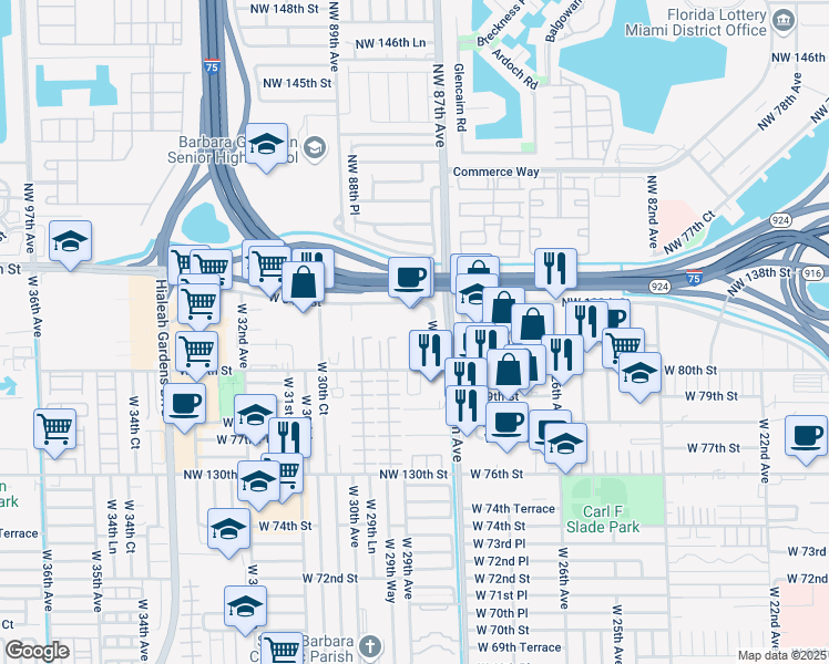 map of restaurants, bars, coffee shops, grocery stores, and more near 104 West 28th Court in Hialeah