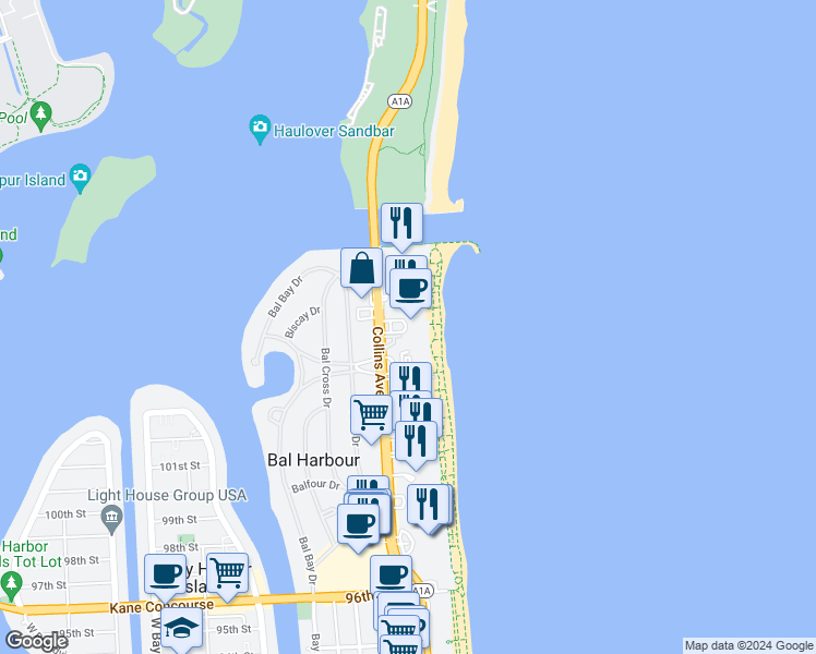 map of restaurants, bars, coffee shops, grocery stores, and more near 10225 Collins Avenue in Bal Harbour