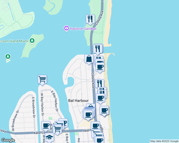 map of restaurants, bars, coffee shops, grocery stores, and more near 214 Park Drive in Bal Harbour