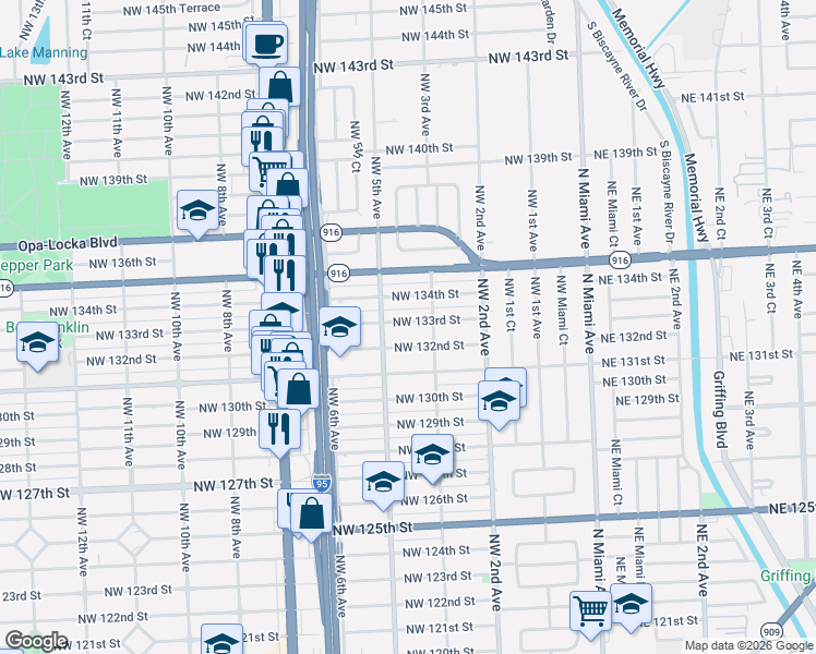 map of restaurants, bars, coffee shops, grocery stores, and more near 475 Northwest 132nd Street in North Miami