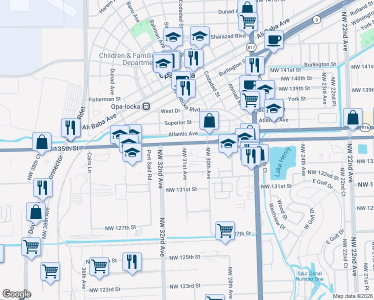 map of restaurants, bars, coffee shops, grocery stores, and more near 3110 Northwest 134th Street in Opa-locka