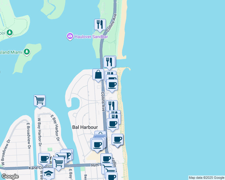 map of restaurants, bars, coffee shops, grocery stores, and more near 10205 Collins Avenue in Bal Harbour