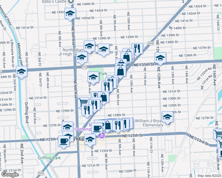 map of restaurants, bars, coffee shops, grocery stores, and more near 890 Northeast 131st Street in North Miami