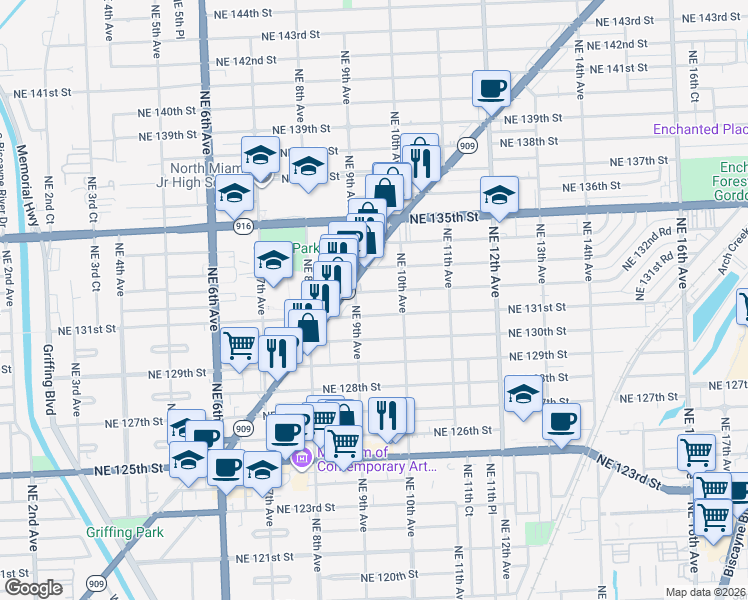 map of restaurants, bars, coffee shops, grocery stores, and more near 950 Northeast 131st Street in North Miami