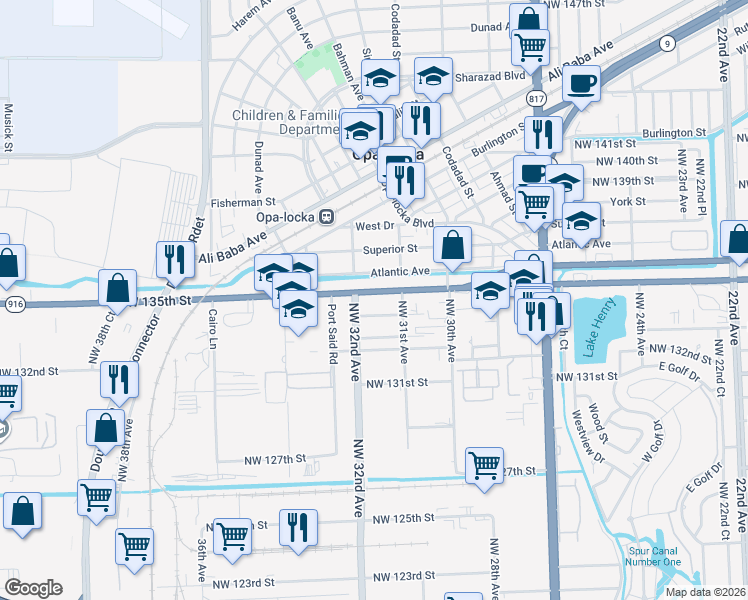 map of restaurants, bars, coffee shops, grocery stores, and more near 3198 Northwest 134th Street in Opa-locka
