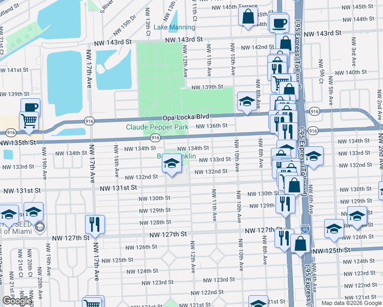 map of restaurants, bars, coffee shops, grocery stores, and more near 1170 Northwest 133rd Street in North Miami