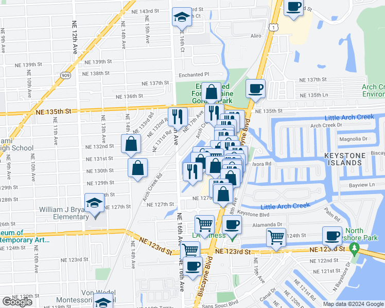 map of restaurants, bars, coffee shops, grocery stores, and more near 13155 Arch Creek Road in North Miami