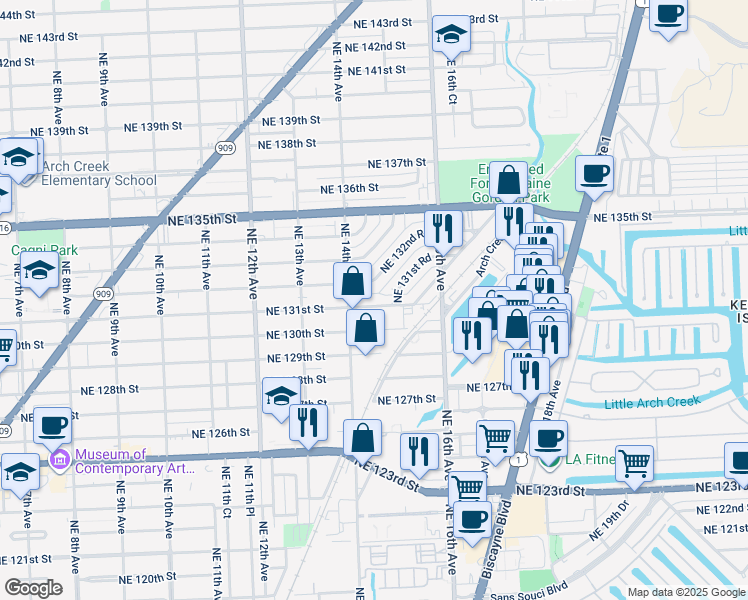map of restaurants, bars, coffee shops, grocery stores, and more near 1501 Northeast 130th Street in North Miami