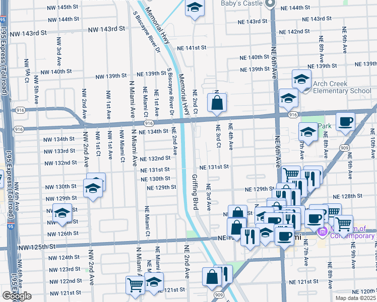 map of restaurants, bars, coffee shops, grocery stores, and more near 13150 Memorial Highway in Miami