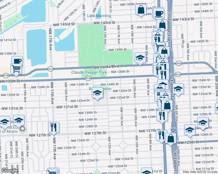 map of restaurants, bars, coffee shops, grocery stores, and more near 1170 Northwest 133rd Street in North Miami