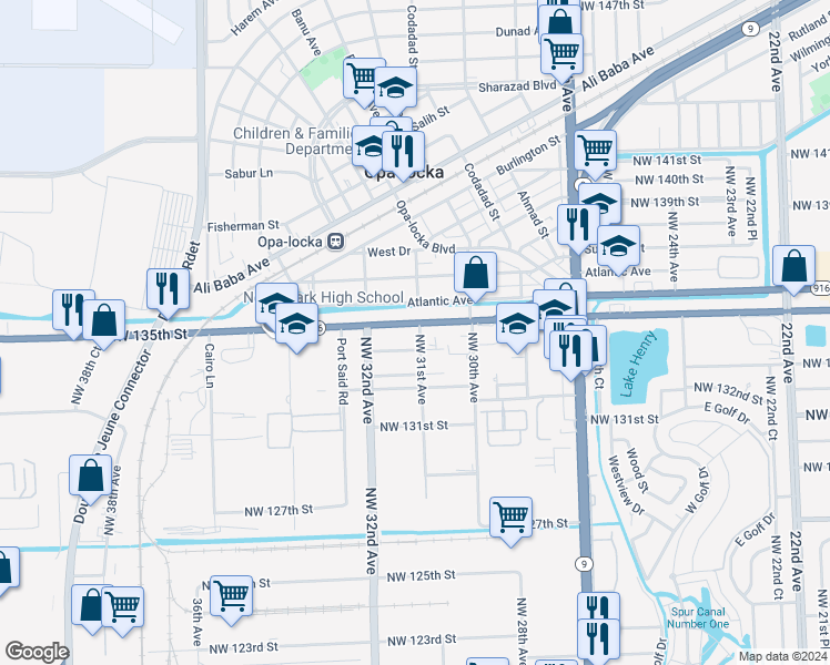 map of restaurants, bars, coffee shops, grocery stores, and more near 3110 Northwest 134th Street in Opa-locka