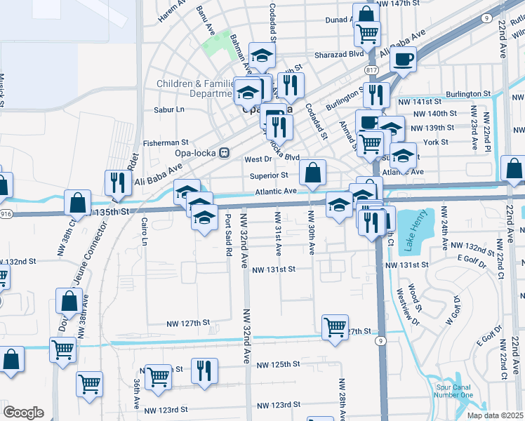 map of restaurants, bars, coffee shops, grocery stores, and more near 3110 Northwest 134th Street in Opa-locka