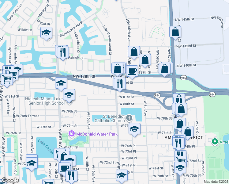 map of restaurants, bars, coffee shops, grocery stores, and more near 835 West 80th Place in Hialeah